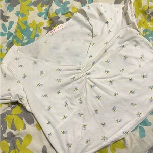 ROMWE White and Blue Short Sleeve Tee with Wrap Detail